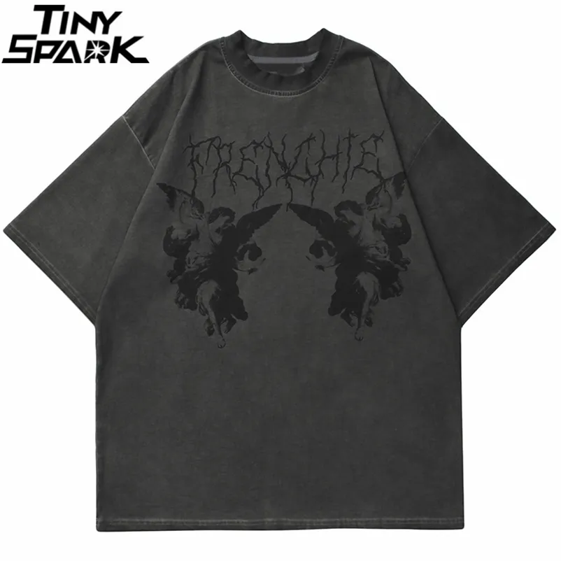 Hip Hop Streetwear Oversize T-shirt Mężczyźni Angel Dark Print Tshirt Harajuku Bawełna Loose T Shirt Lato Krótki rękaw Topy Tees 210726