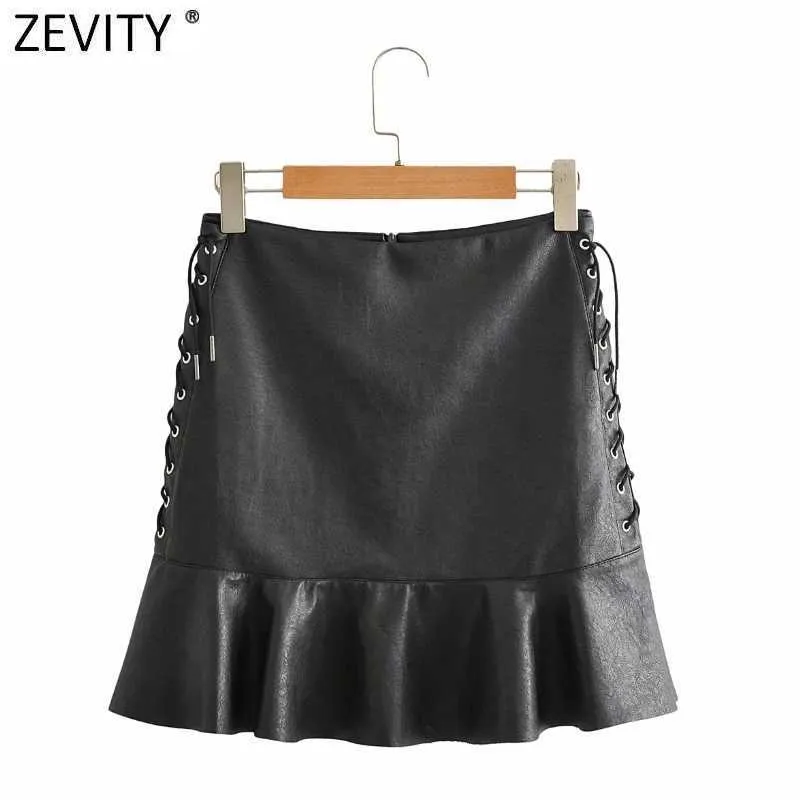 Zevity Women Vintage Side Lace Up PU Läder En Linje Skirt Faldas Mujer Kvinna Back Zipper Chic Hem Ruffles Vestidos QUN709 210603