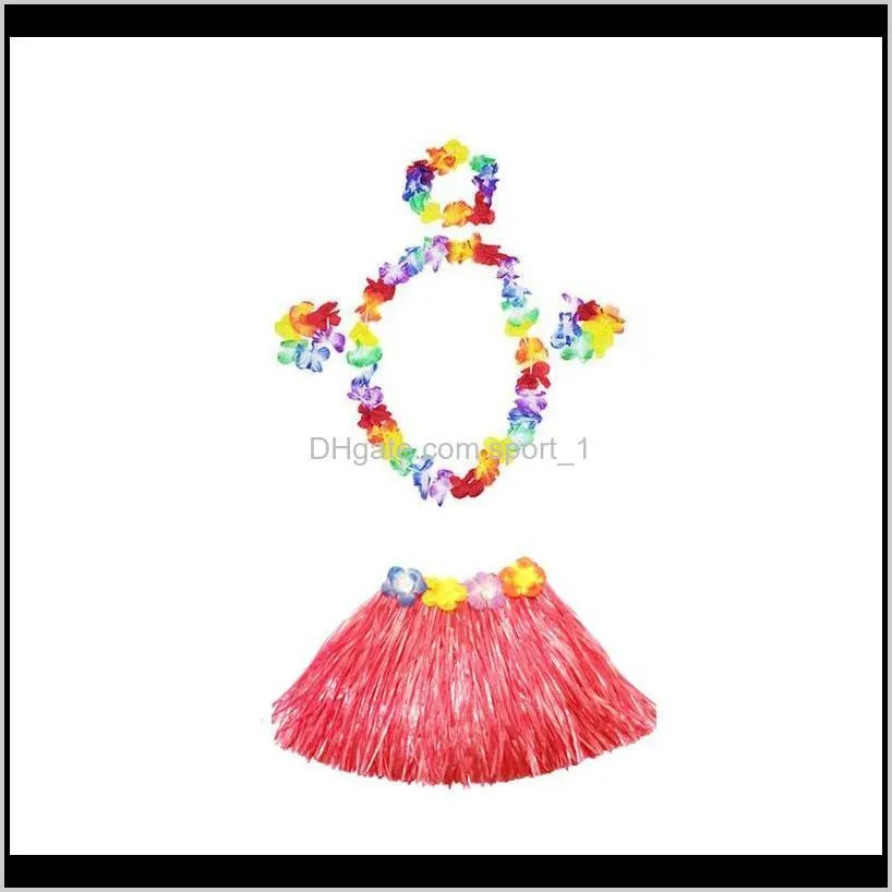 30 sets 30cm hawaiian hula grass skirt + 4pc lei set for child luau fancy dress costume party beach flower garland set za1581