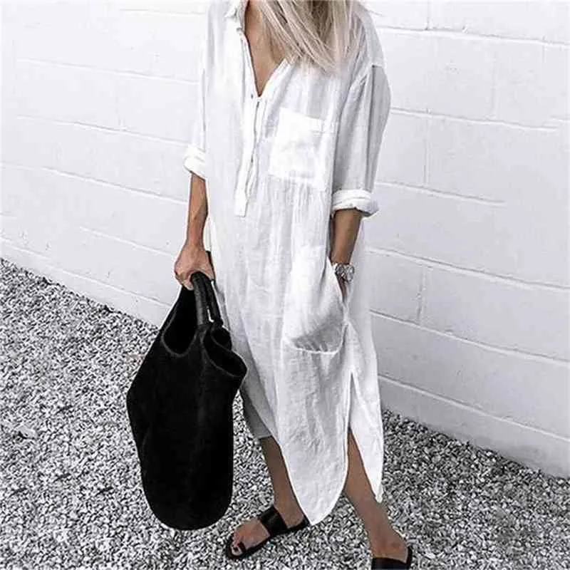 Sommerkleid für Frauen Leinen Maxi Shirt Kleider Damen Elegante Casual Vestidos Weibliche Tunika Plus Größe 5XL Langes Kleid Weiß 210715