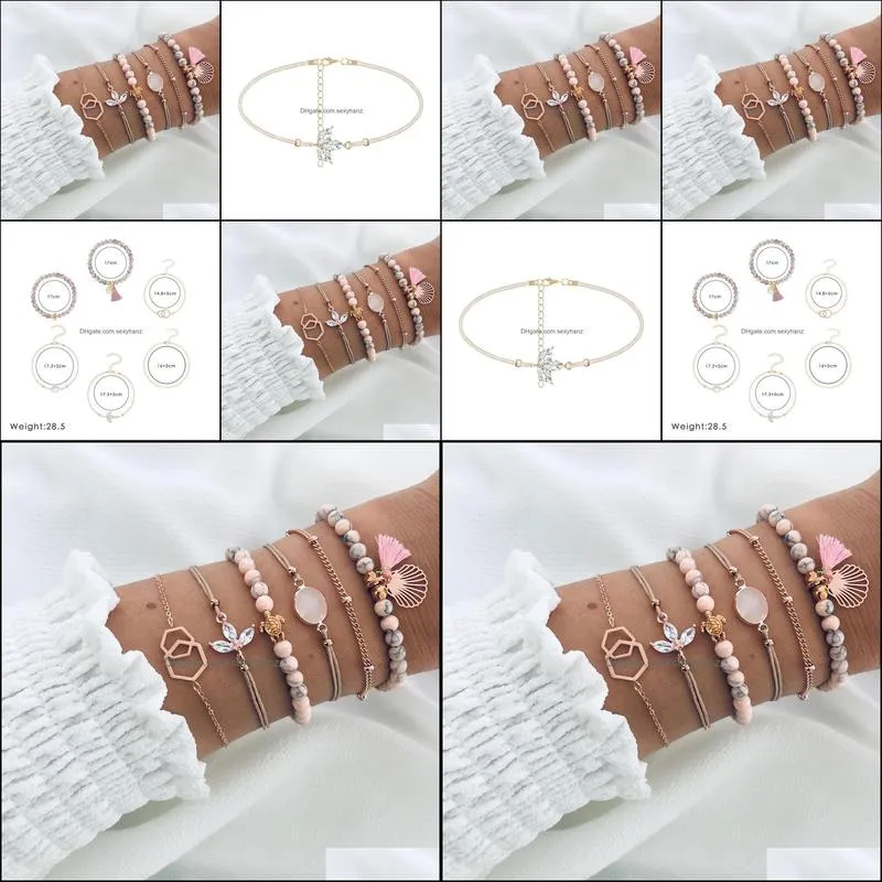 S1499 Hot Fashion Jewelry 6pcs/set Bracelet Set PInk Beads Beads Turtle Geometric Hollowed Chain Bracelet