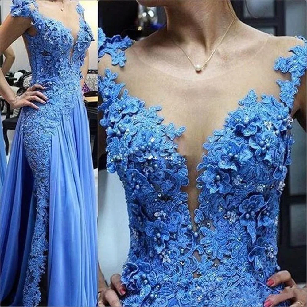 Appliques Blue Lace Mother of the Bride Dresses Illusion Pearls Beading Formele peetmother Avond Wedding Party Gasten Toge plus Godmor