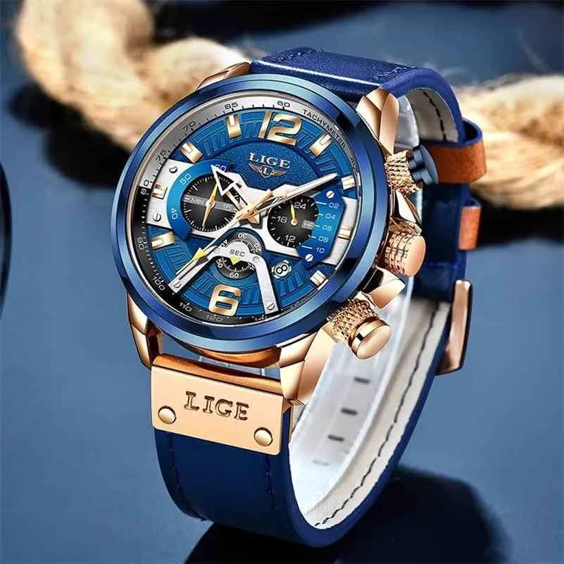 Lige Mężczyźni Zegarki Top Marka Luksusowe Wojskowe Skórzane Zegarki Wrist Watches Casual Sports Męskie Zegary Moda Chronograph Wristwatches 210527