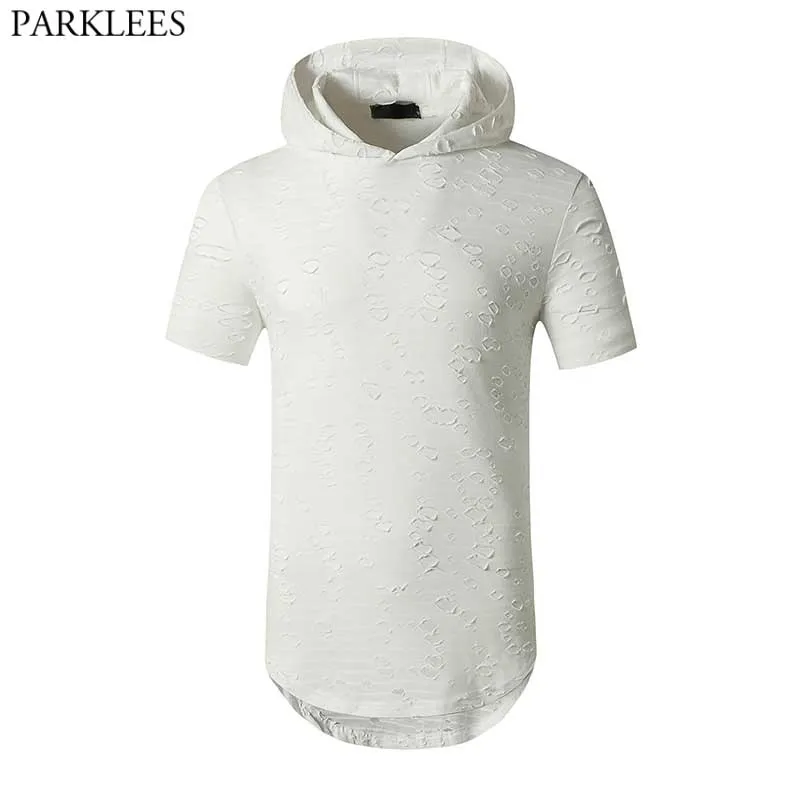 Blanco rasgado palangre sudadera con capucha camiseta hombres hip hop redondo dobladillo agujero camisetas para hombre manga corta casual harajuku camiseta homme 210522