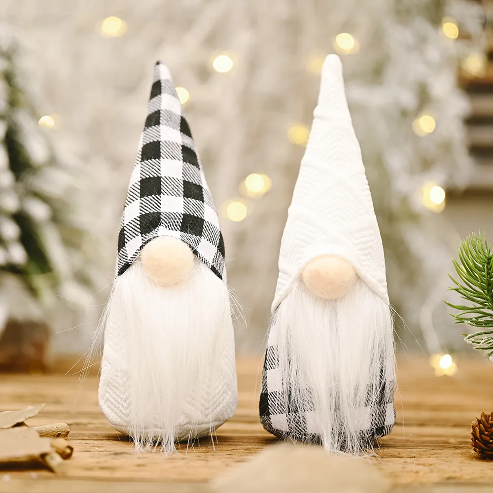 Gnome de Noël sans visage fait à la main noir et blanc à carreaux forêt vieil homme poupée Xtmas plateau à plusieurs niveaux décorations PHJK2110