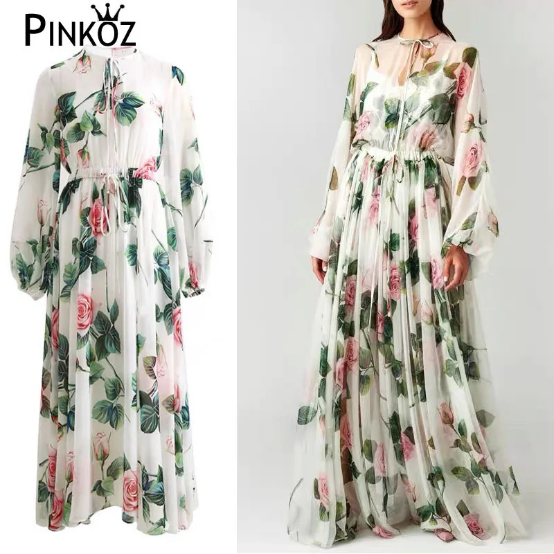 Lato Vintage Rose Flower Print Kleider Runway Dress Sundress Women Party Maxi ES 210421