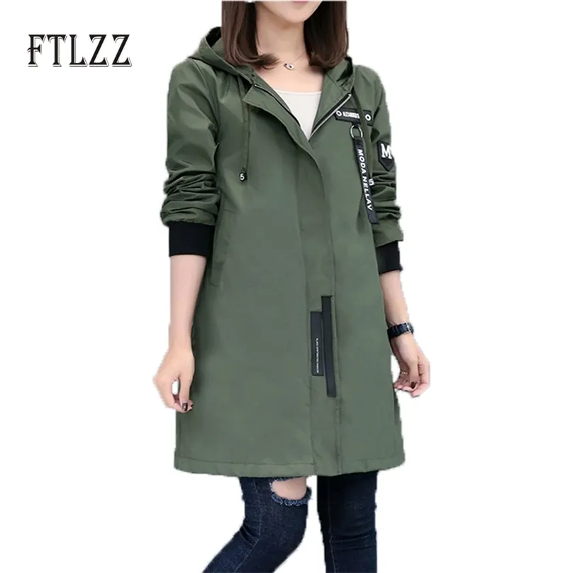 Vår Höst Trench Coat Kvinnor Kausal Långärmad Med Hood Medium Armé Grön Kvinna Casaco Feminino S 210525