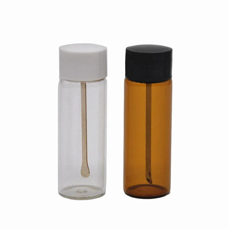 2021 Ny CLEAR / BROWN Glass Snuff Metallflaska Sked Spice Bullet Snorter Pill Box Storage Bottle Färg Slumpmässig Rökning Partihandel