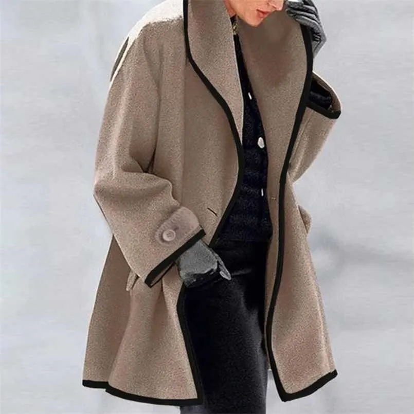 Grande taille Womens Winter Wool Coating Hommes Casual Trench Veste Couleur Solide Manches longue Manches Longues Chic Vêtements d'extérieur pour femmes Overcoat Manteau d'automne 211104