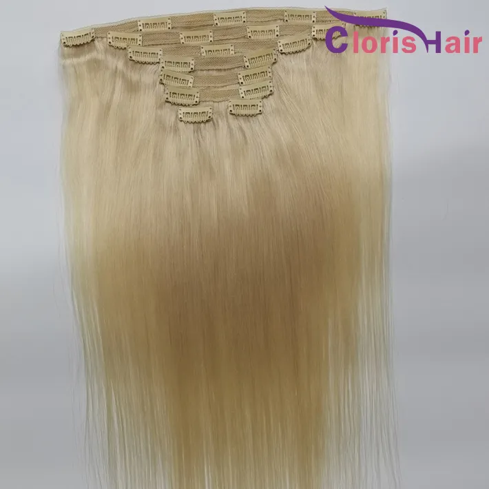 Full Head 8pcs/Set 120g #613 Klipp i förlängningar Silkeslen rak platina Blond Raw Virgin Indian Human Hair Weave Clips on Great Double Weft