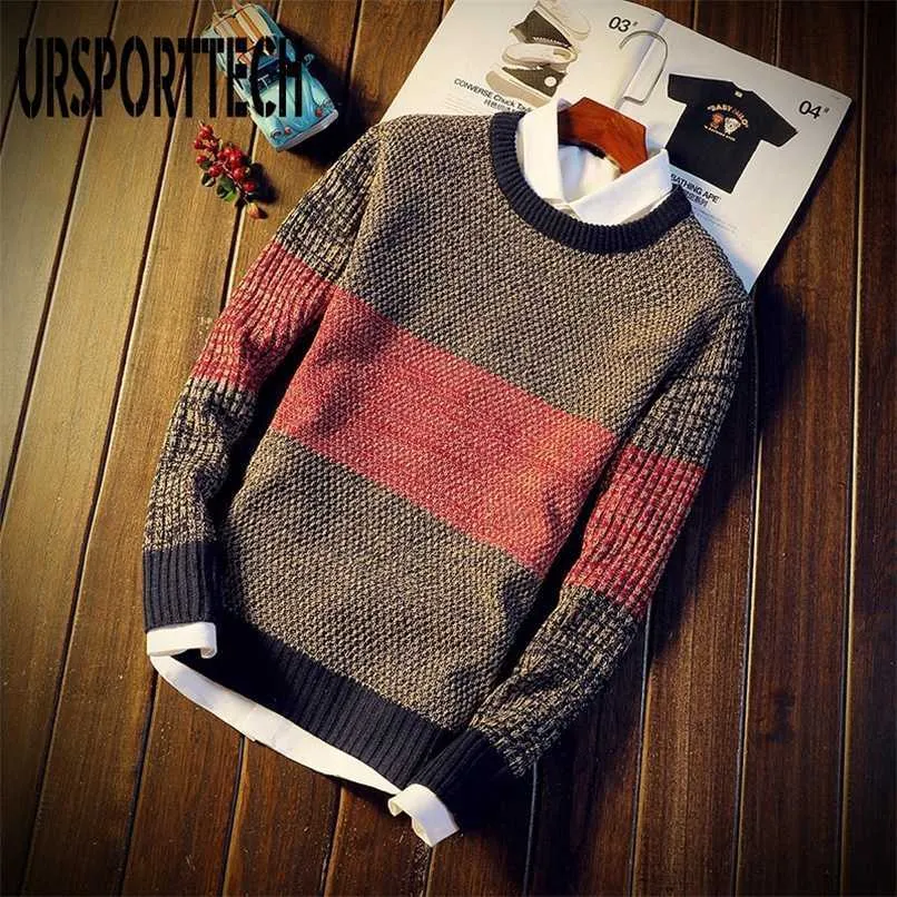 Jesień Dorywczo męski sweter O-Neck Paski Slim Fit Dzianiny Męskie Swetry Swetry Knitt Elastic Pullover Mężczyźni Pull Homme 211102