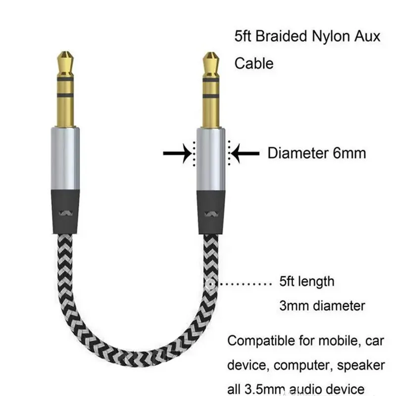 AUX-uitbreidingskabels Auto Audio Nylon Gevlochten 3ft 1M Wired Auxiliary Stereo Jack 3.5mm Mannelijke Lood voor Andrio Mobiele Telefoon Speaker