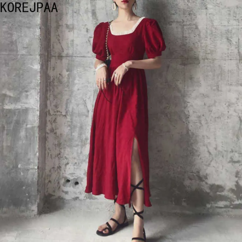 Korejpaa femmes robe tempérament coréen Sexy rétro col carré dentelle plissée taille bulle manches fourche ouverte longue robe 210526