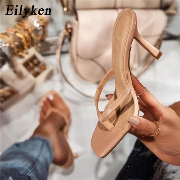 Eilyken Summer New Fashion Apricot Women Mules High Heels Slippers Sandals Sexy Square Open-toed Heel High Quality Shoes size 43 Y1120