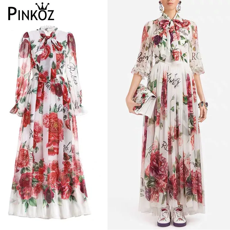 designer della passerella fiore rosa lettera vintage maxi vestito di lusso per le donne boho robe de mujer collo a fiocco manica lunga abiti 210421