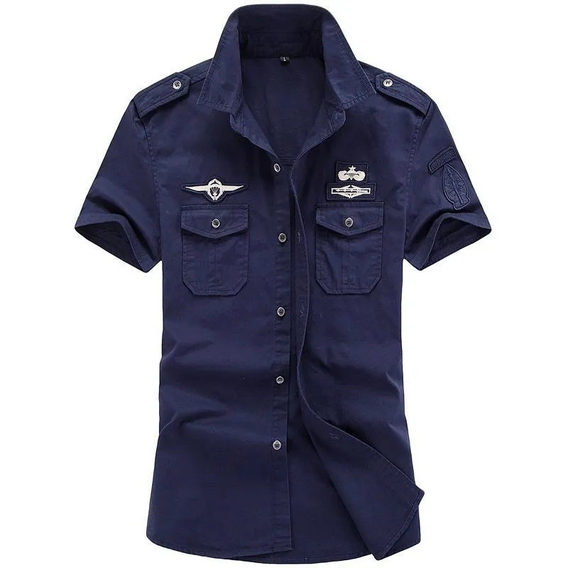 Летняя мужская рубашка из чистого хлопка большого размера, мужская блузка с коротким рукавом для отдыха, одежда в стиле милитари с вышивкой 6XL HF0153172