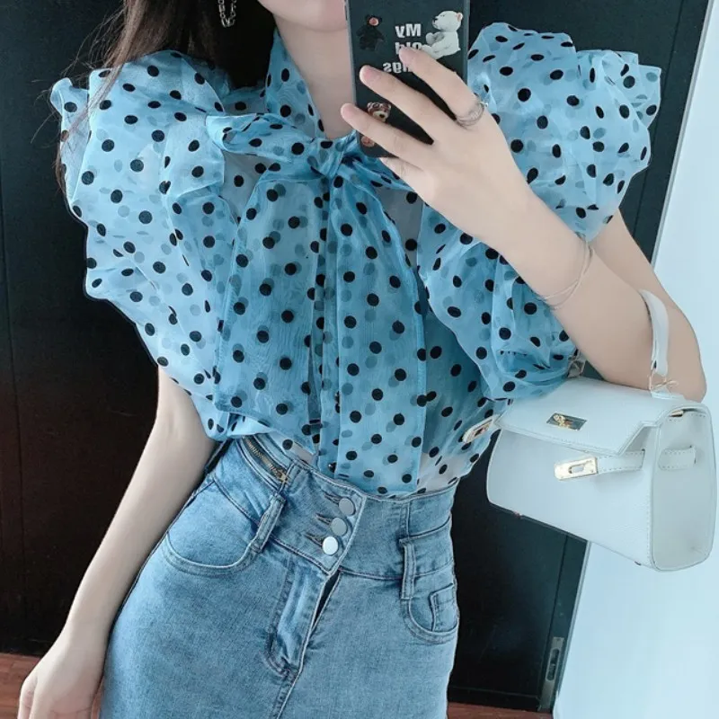 Elegante zoete vlinderdas vlinder mouw polka dot chiffon casual slanke shirt mode perspectief sexy top 210518