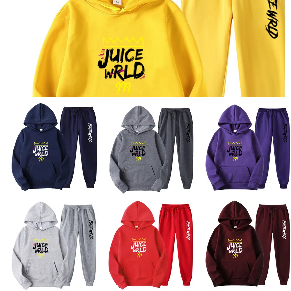 Conjunto de 2 peças agasalho masculino feminino Rapper Juice Wrld moletom terno moletom com capuz + calça de moletom Jogging Homme pulôver Sportwear X0610