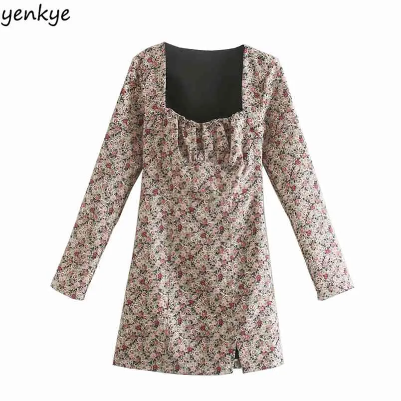 Autunno Donna Vintage Abito con stampa floreale Manica lunga Matita Mini Collo quadrato Autunno Vestido sexy 210514