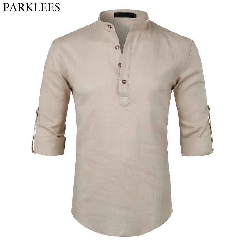 Mens Casual Cotton Linen Henley Shirt Brand Roll-up Sleeve Dress Shirt Male Slim Fit Long Sleeve Camisa Masculina Beige 210522