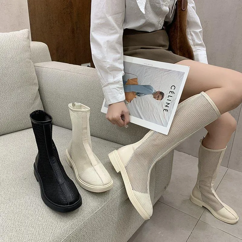 Net Boots Women 2021 England Women's Breathable Hollow Thin Square Heel Short Spring Single Sandals