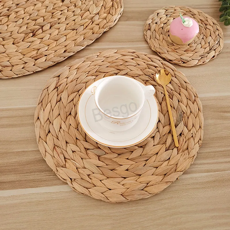 Ronde vorm Straw Mats Isolatie Cups Kommen Water Hyacinthoes Koffie Cup Mat Keuken Afvoer Pad Eettafel Decoratie BH5698 WHLY