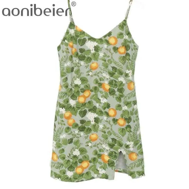 Women Sleeveless Fruit Print Casual Side Split Mini Summer Dresses Sweet Girls Straight Spaghetti Strap Chiffon Dress 210604