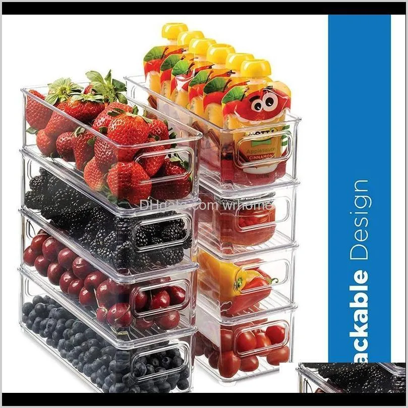 Refrigerator Organizer Bins, Clear Stackable Plastic Storage Rack With Handles For Pantry, Kitchen Bottles & Jars