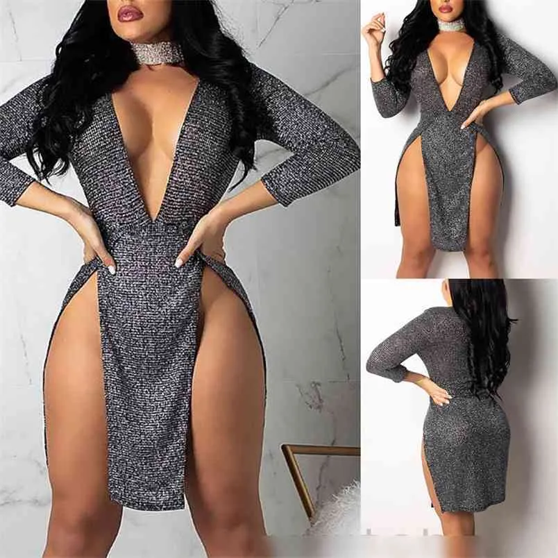 Kadınlar Elbise Seksi Bayanlar Payetli Parti Clubwear Derin V Yaka Uzun Kollu Bölünmüş Bodycon Dans Kokteyl Ince Giyim 210522