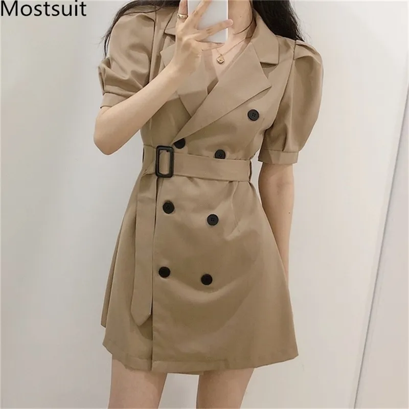 Sommer Koreanische Vintage Zweireiher Anzug Kleid Frauen Puff Sleeve Kerb Kragen Gürtel Mini Kleider Mode Solide Vestido 210513