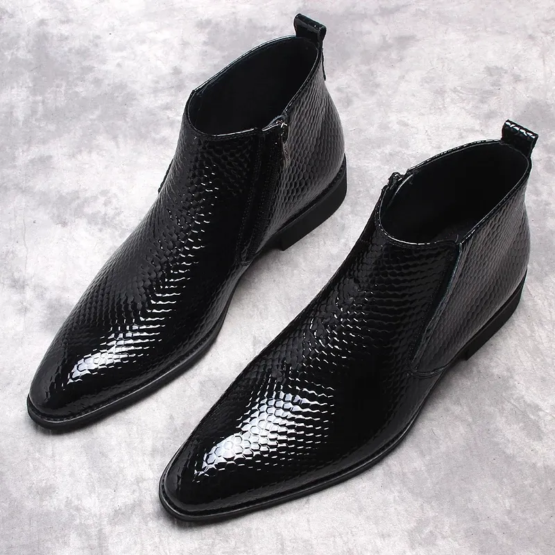 Big Size 10 Men Shoes Pointed Toe Genuine Leather Ankle Chelsea Boots Crocodile Print Brogue Casual Business Zipper Dress Boots