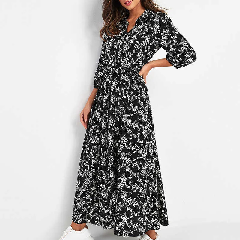 Vintage Floral Print Maxi DrWomen Boho Three Quarter Sleeve Long DrTurn Down Collar Casual Shirt Dresses Robe X0621