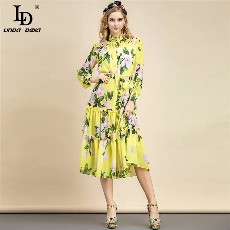Summer Fashion Runway Vintage Midi Dress Women Long sleeve Elegant Bow Belt Flower Print Chiffon Vestdios 210522
