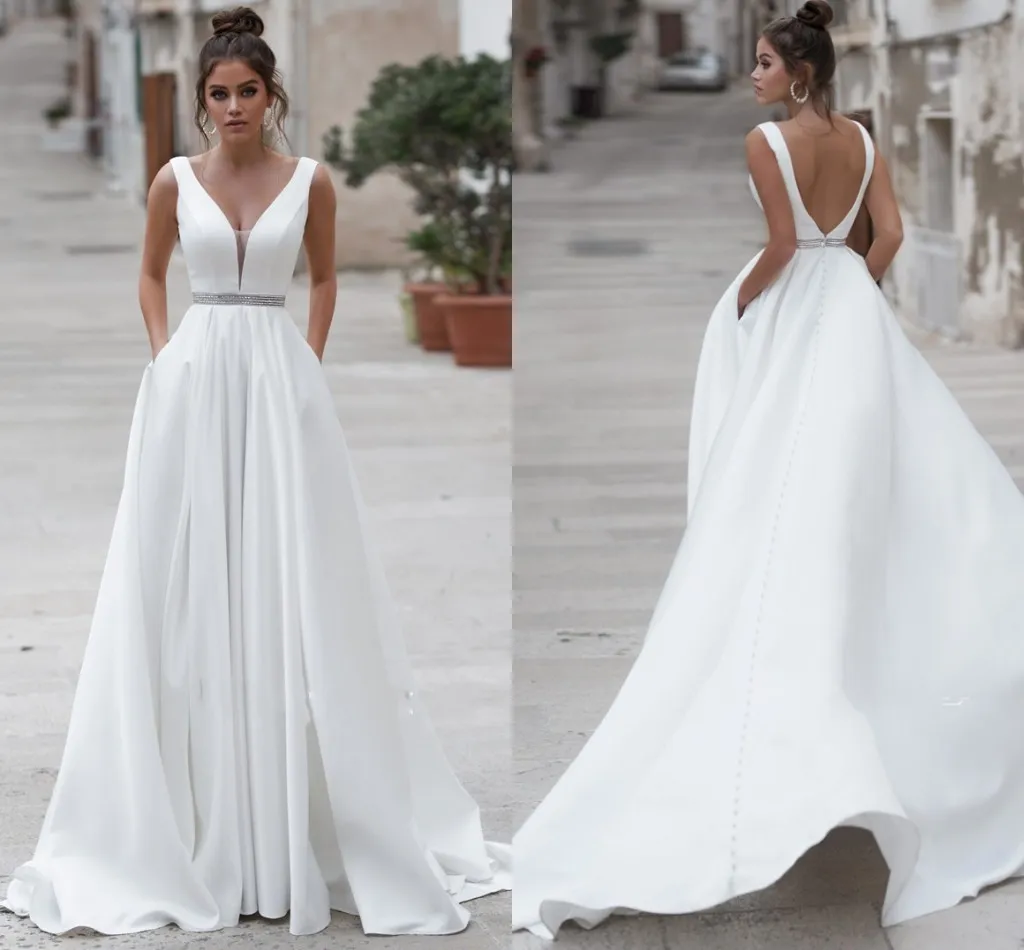 V-neck A-line Sequin Belt White Satin Simple Style Wedding Dress with Pocket Button Down Bridal Gown robe de mariee boheme vestido noiva curto
