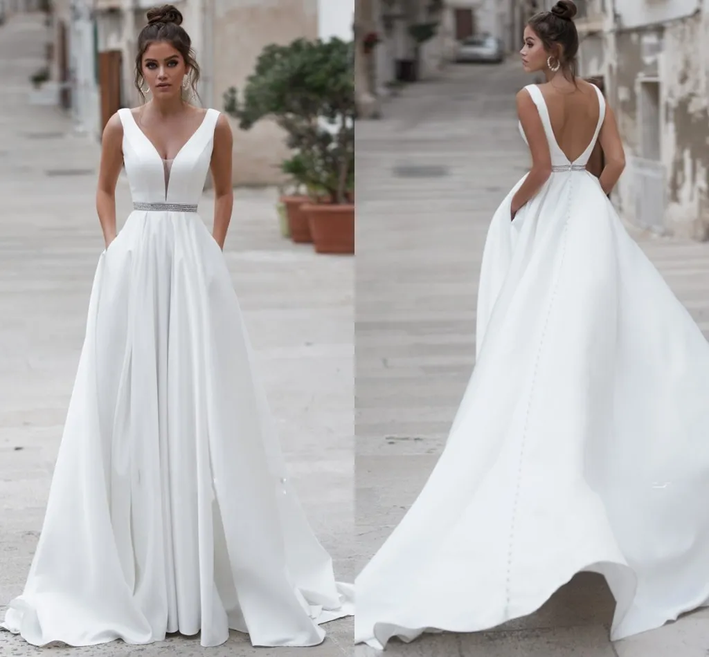 Col en V A-ligne Sequin Ceinture Blanc Satin Style Simple Robe De Mariée avec Poche Boutonné Robe De Mariée robe de mariée bohème robe noiva curto 2022