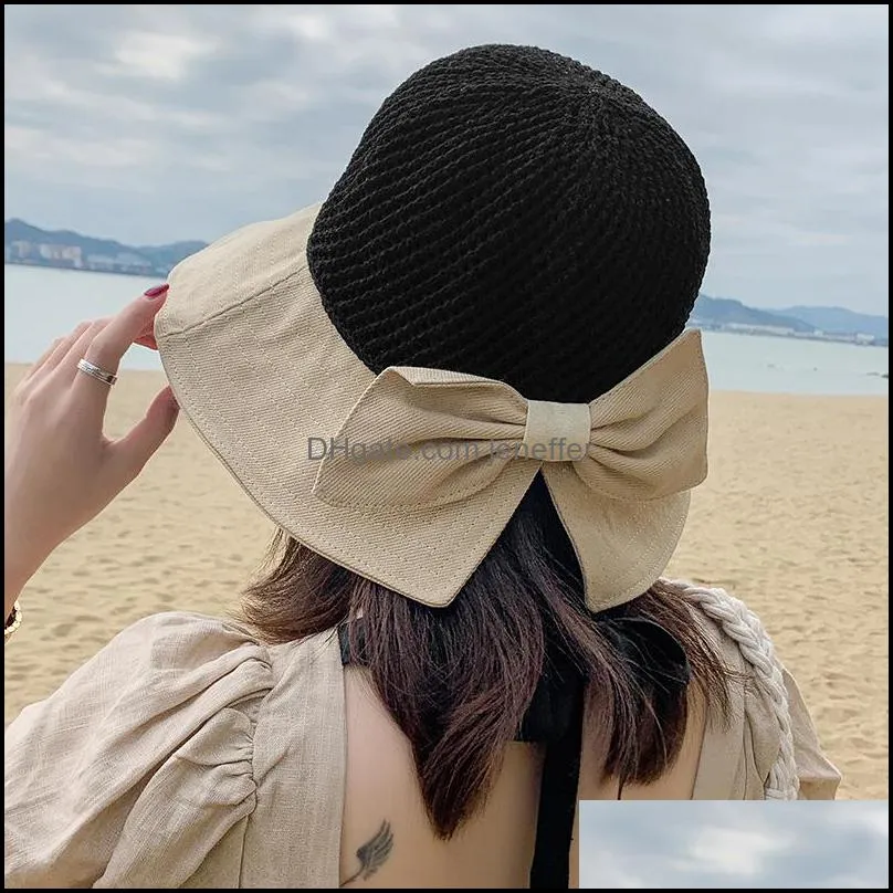 2020 New Bow Sun Hat Cap Wide Brim Floppy Top Summer Hats For Women Beach Panama Straw Dome Bucket Hat Hollow Out Visor Bonnet C0305