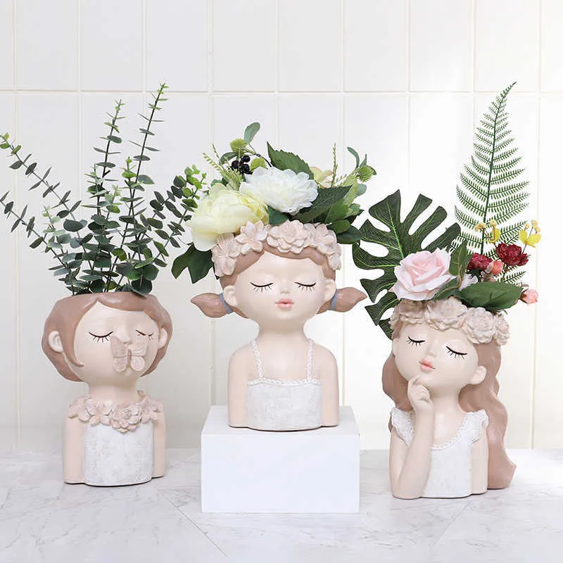 Portrait Girl Flower Pot Succulent Flowerpot Characters Potted Humanoid Vase European Resin Home Decor Planter Art Ornaments 210615