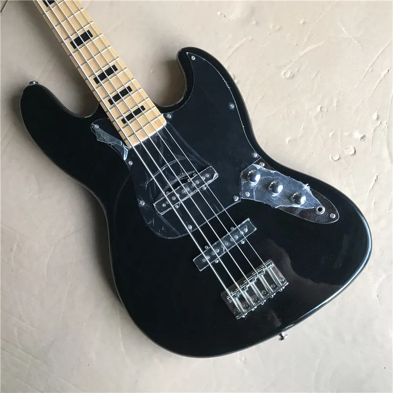 Guitare basse électrique noire à 5 cordes Custom Shop, touche en érable, incrustations de blocs noirs