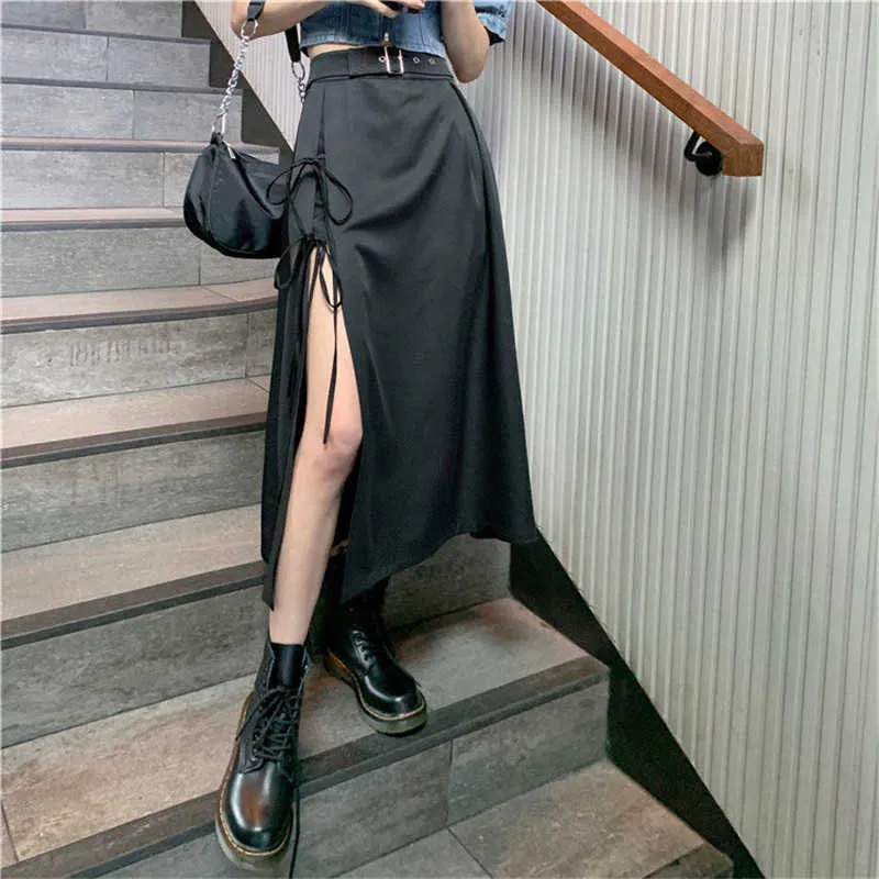Streetwear Harajuku Lace Up Skirt Irregular Black High Waist Long