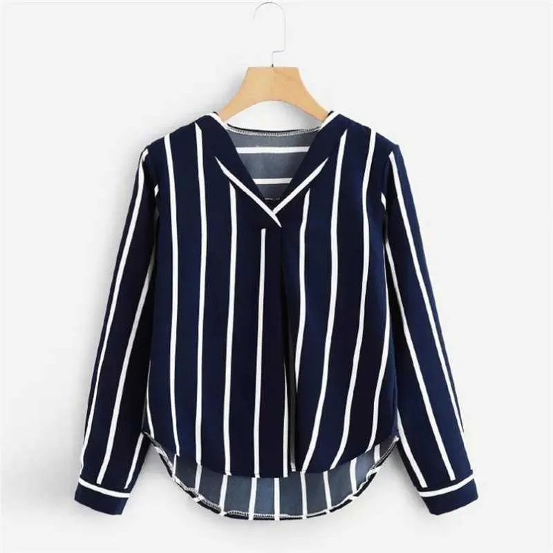 Outono Manga Longa V Pescoço Camisa Irregular Stripe Camisa Mulheres Casuais Tops e Blusas Chemise Femme Camisas Mujer Mulheres Blusas 210527