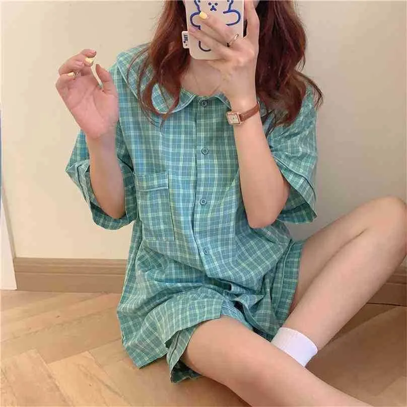 Geometric Chic Plaid Women Girls Sleepwear Cute Korean All Match Loose Sweet Homewear Summer Pajamas Sets 210525