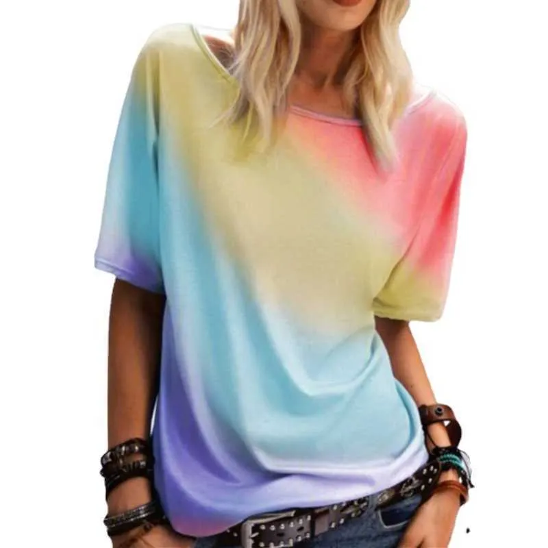 Frauen Mode Plus Größe Kleidung Sommer Kurzarm Rundhals Regenbogen Gedruckt T Shirt Lose Beiläufige Top Frauen Y0629