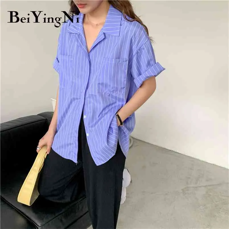 Striped Shirts Female Blue Oversized Style Leisure High Street Pockets Spring Summer Short Sleeve Blouses Girls Blusas 210506