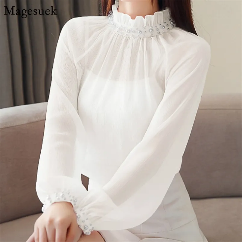 Herfst Chiffon Blouse Dames Lange Mouw O-hals Kralen White Tops en Blouses Lace Shirts voor Blusas 1807 50 210512