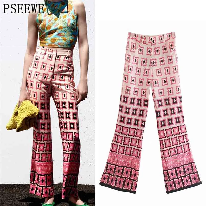 Women's Pants Pink Print Flared Women High Waist Vintage Woman Trousers Fashion Pockets Summer 210519