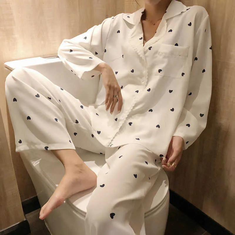 2024Women Pajamas 2 PCS Sets Autumn Printed Sleeve V Neck Buttons Sleepwear Pijamas Cartoon Homewear Long Pants Casual Pyjamas 210619
