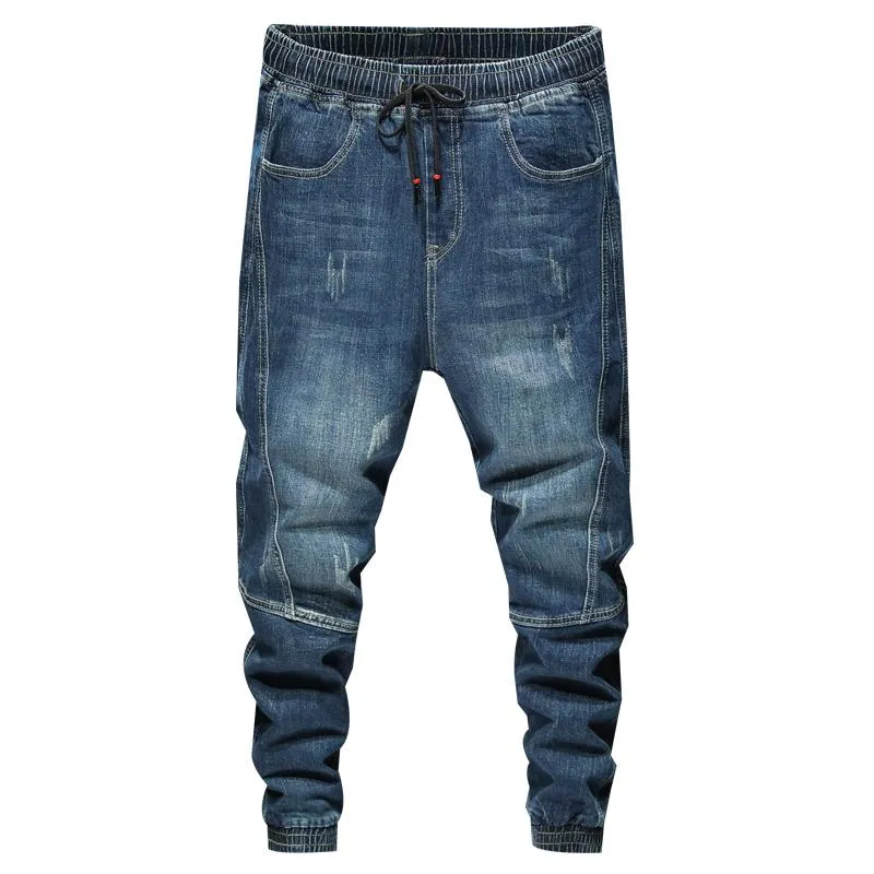 Jogging byxor man jeans elastiska midja dragsko blå avslappnad avsmalnande män mode byxor män överdimensionerade 42.065