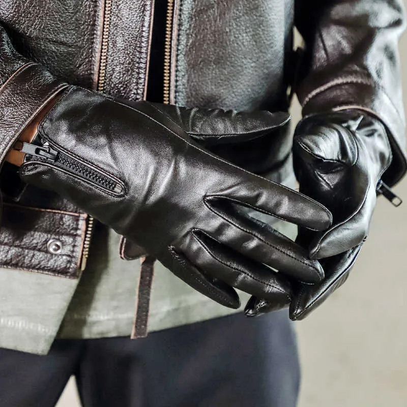 Gant en cuir véritable noir doublé de fourrure pour hommes conduite moto doigt complet gants en cuir véritable écran tactile avec fermeture éclair NR120 H1022