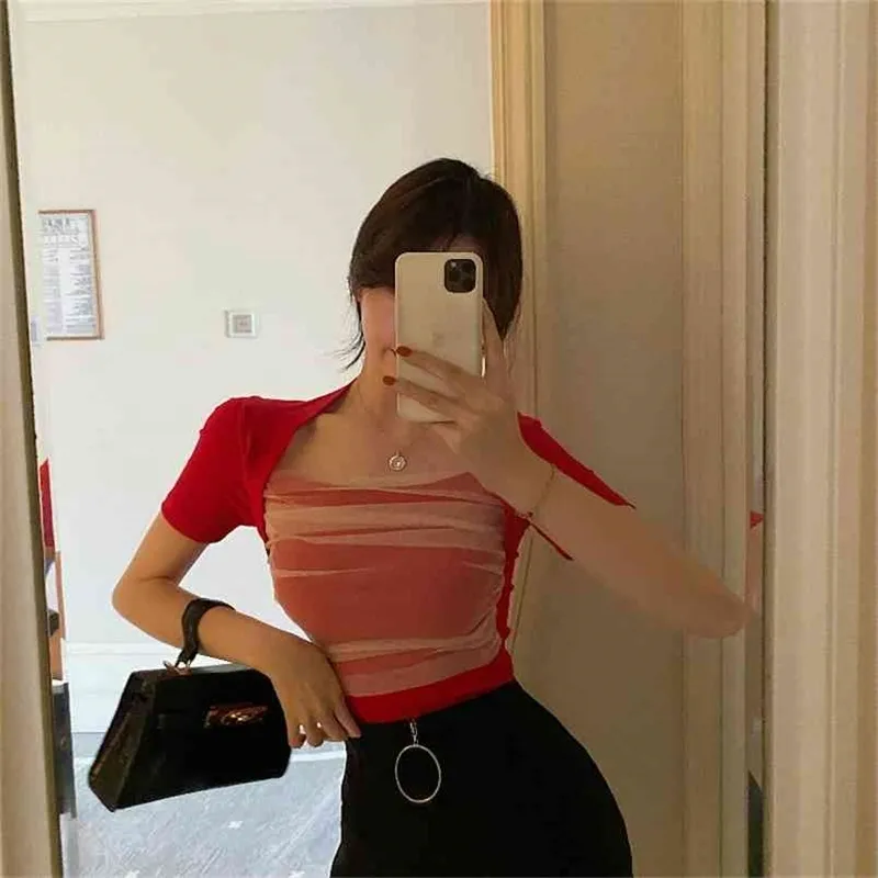 夏ネット糸スプライシング女性半袖Tシャツ韓国の女性セクシーな赤いTシャツトップス210507