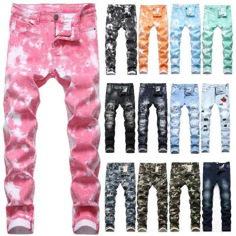 Hommes Jeans Hip Hop Patch Hommes Rétro Jeans Trou Zippé Biker Jeans Camouflage Impression Hommes Déchiré Denim Pantalon X0621